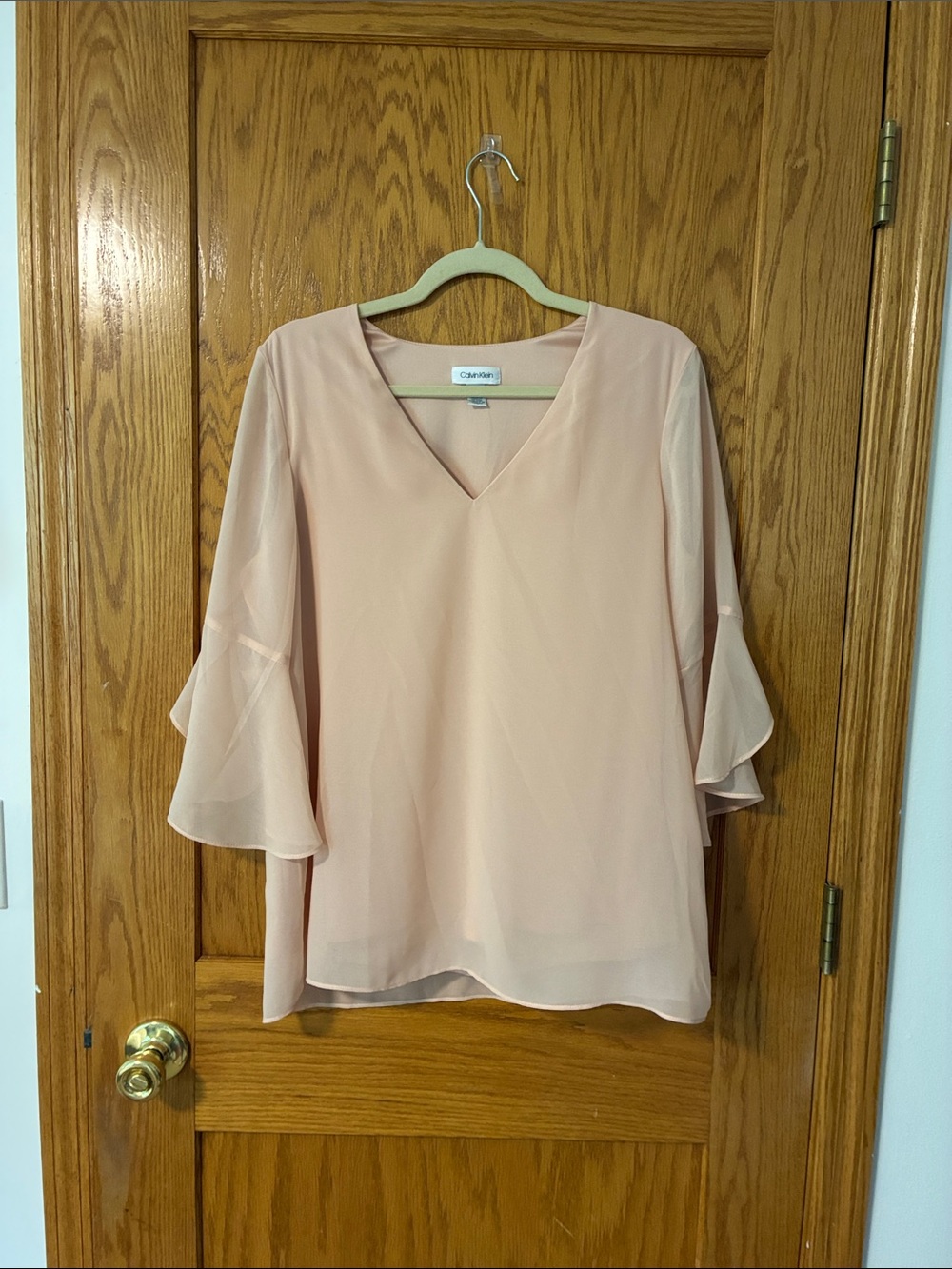 Calvin Klein Chiffon V-Neck Peplum Sleeve Blouse - Blush